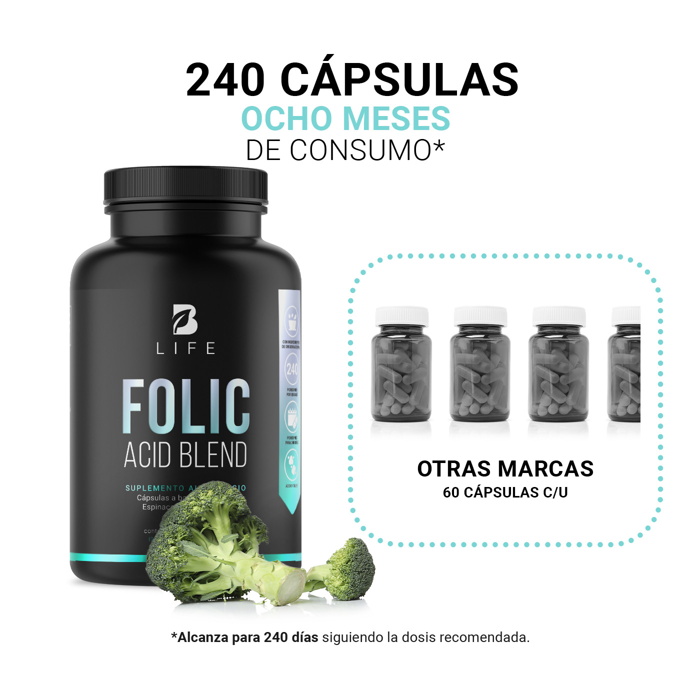 Foto 6 pulgar | Ácido Fólico de 240 Cápsulas con Brócoli y Espinaca Ingredientes Naturales Folic Acid Blend B Life