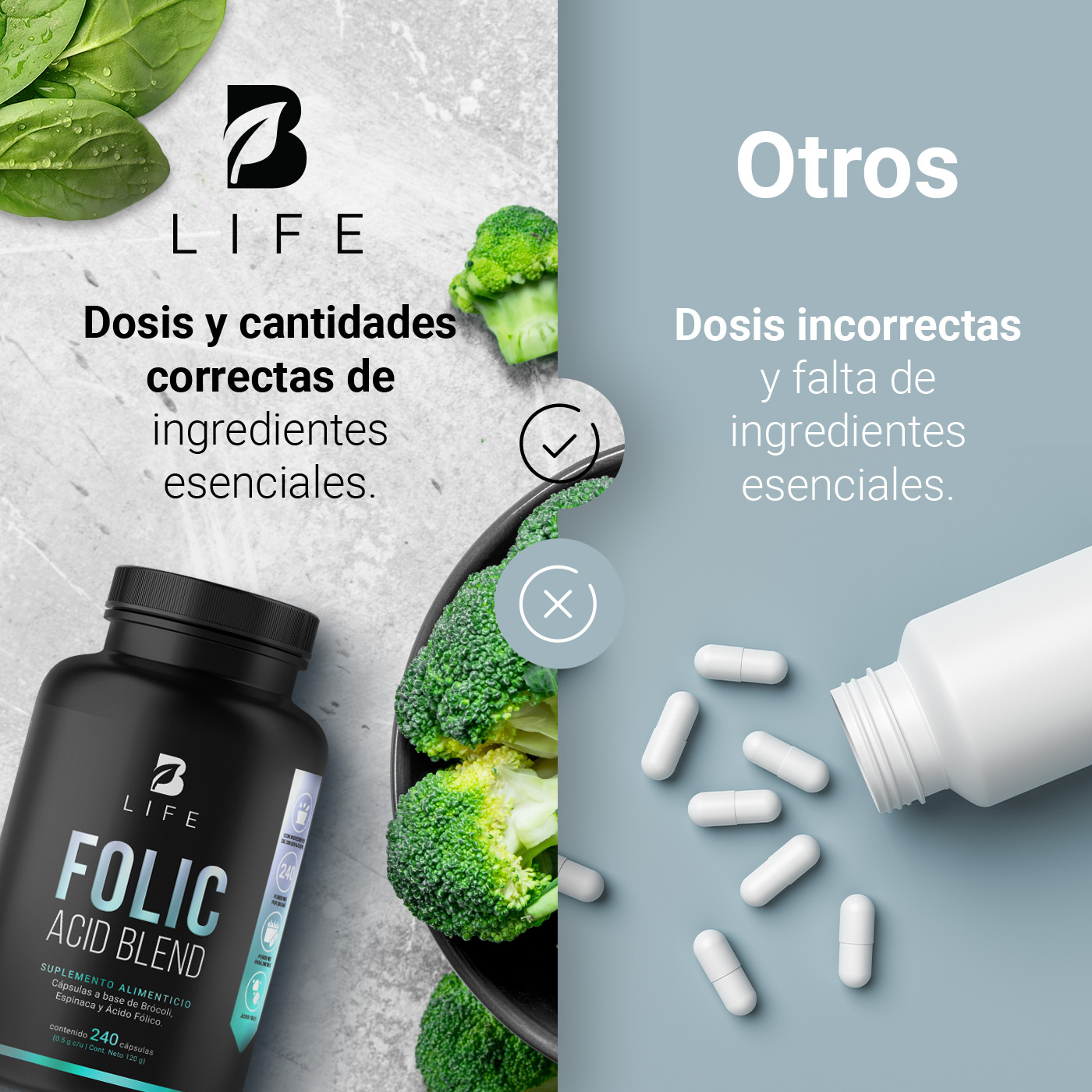 Foto 7 pulgar | Ácido Fólico de 240 Cápsulas con Brócoli y Espinaca Ingredientes Naturales Folic Acid Blend B Life
