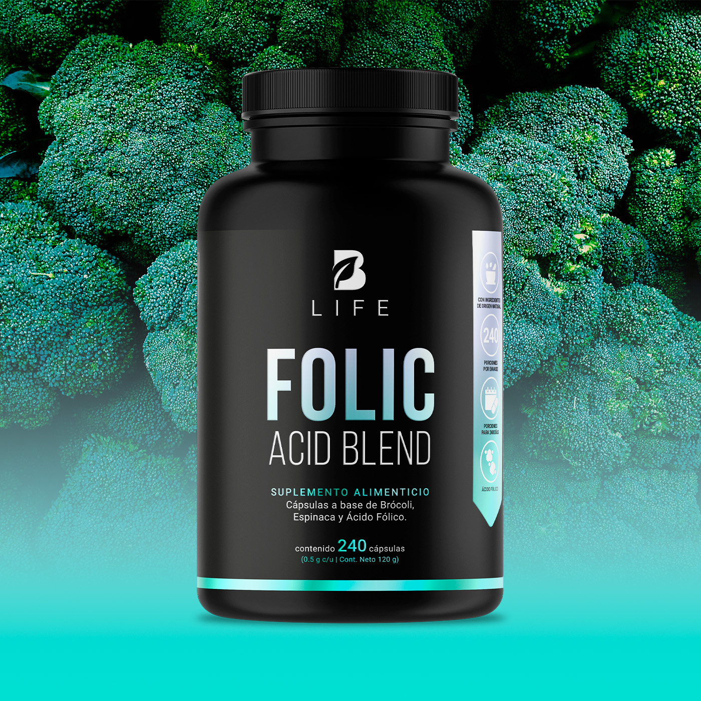 Foto 9 pulgar | Ácido Fólico de 240 Cápsulas con Brócoli y Espinaca Ingredientes Naturales Folic Acid Blend B Life