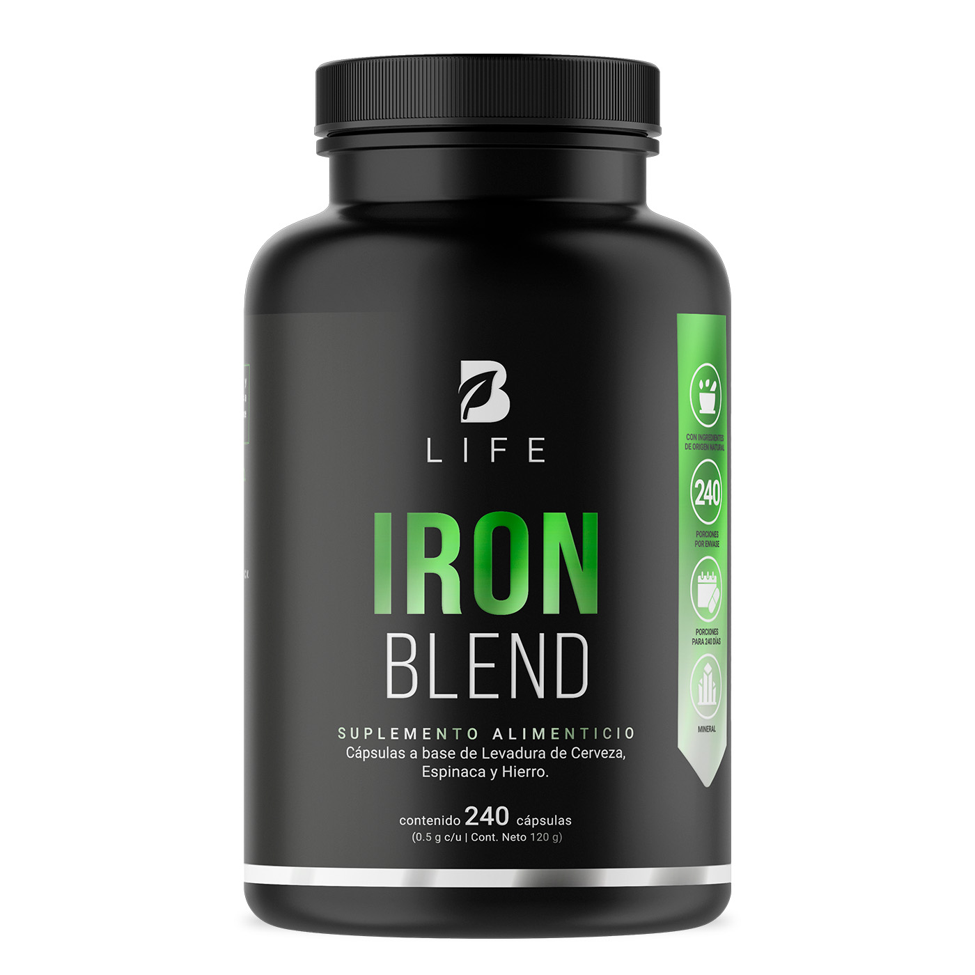 Hierro de 240 Cápsulas con Levadura de Cerveza y Espinaca Ingredientes Naturales Iron Blend B Life