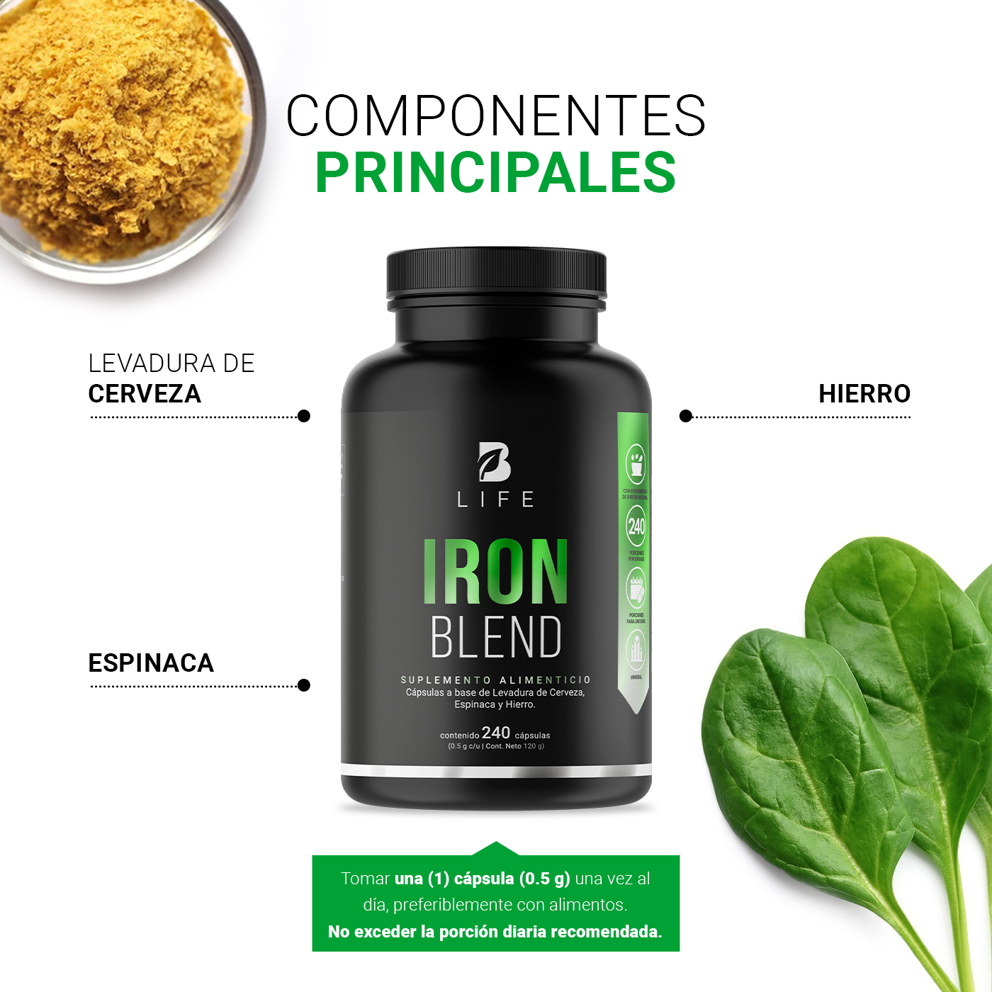 Foto 5 pulgar | Hierro de 240 Cápsulas con Levadura de Cerveza y Espinaca Ingredientes Naturales Iron Blend B Life
