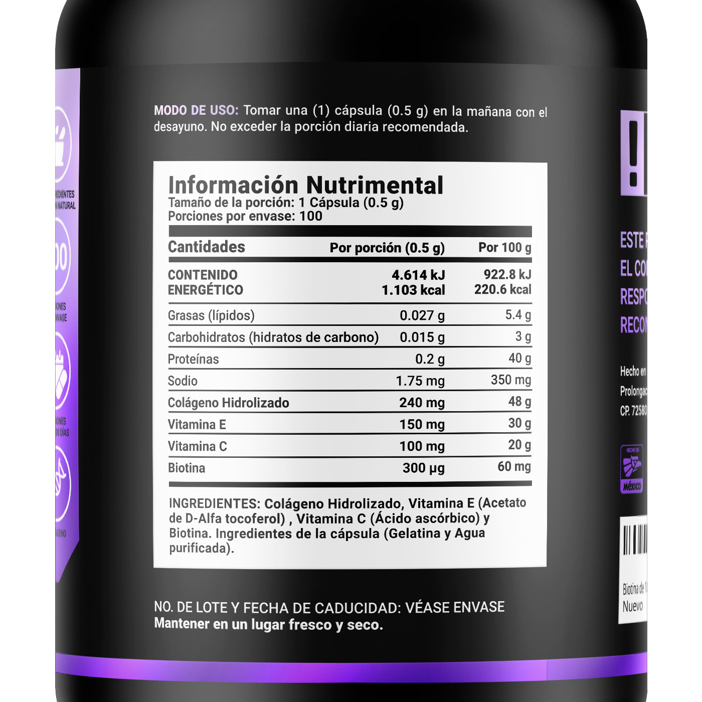 Foto 3 pulgar | Biotina - Colágeno y Vitamina E 100 Cápsulas Collagen Bio B Life