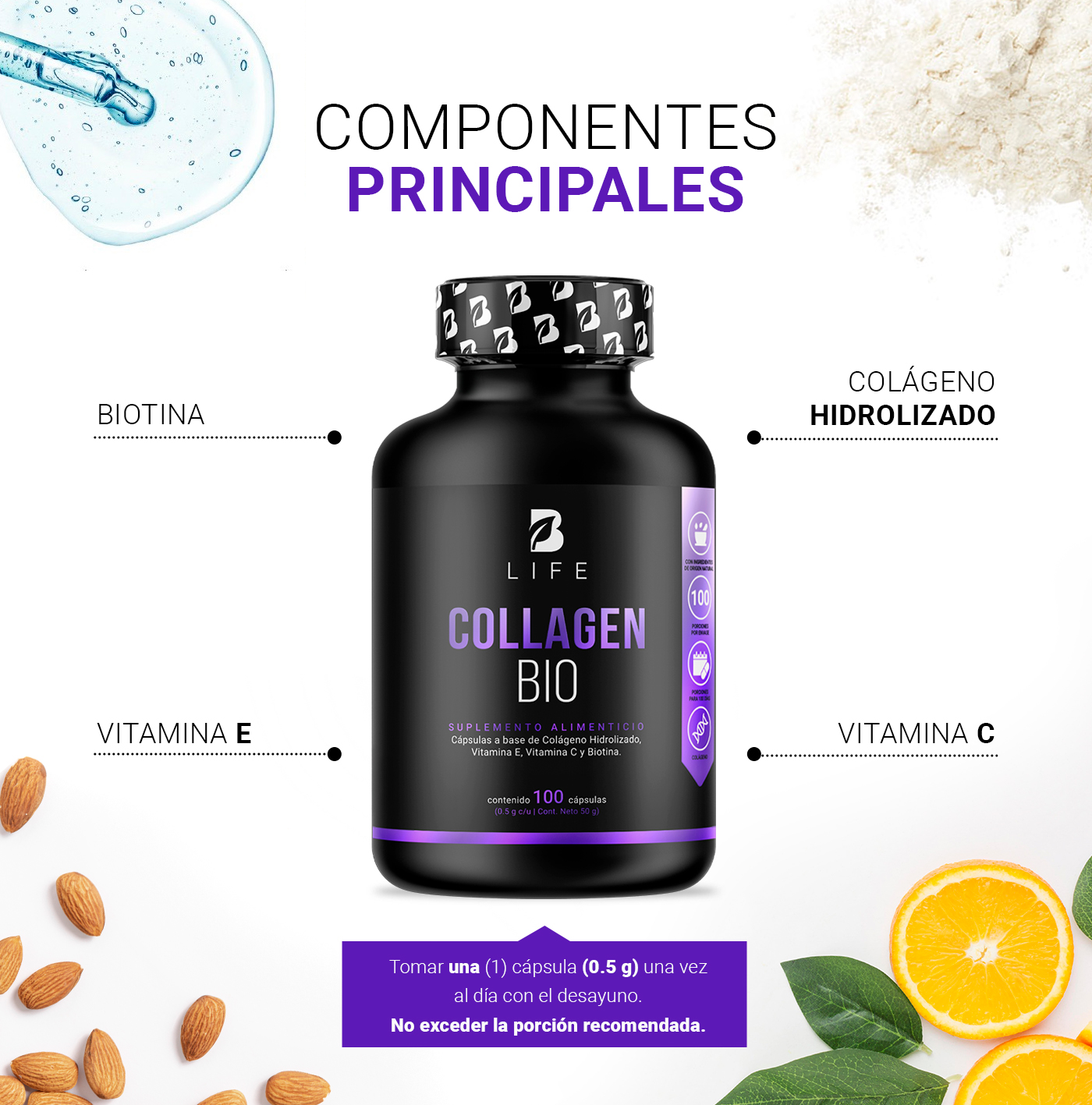 Foto 4 pulgar | Biotina - Colágeno y Vitamina E 100 Cápsulas Collagen Bio B Life