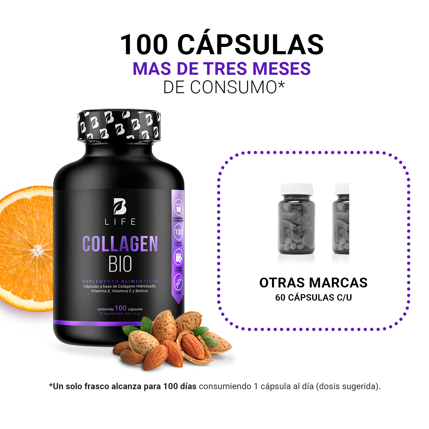 Foto 5 pulgar | Biotina - Colágeno y Vitamina E 100 Cápsulas Collagen Bio B Life