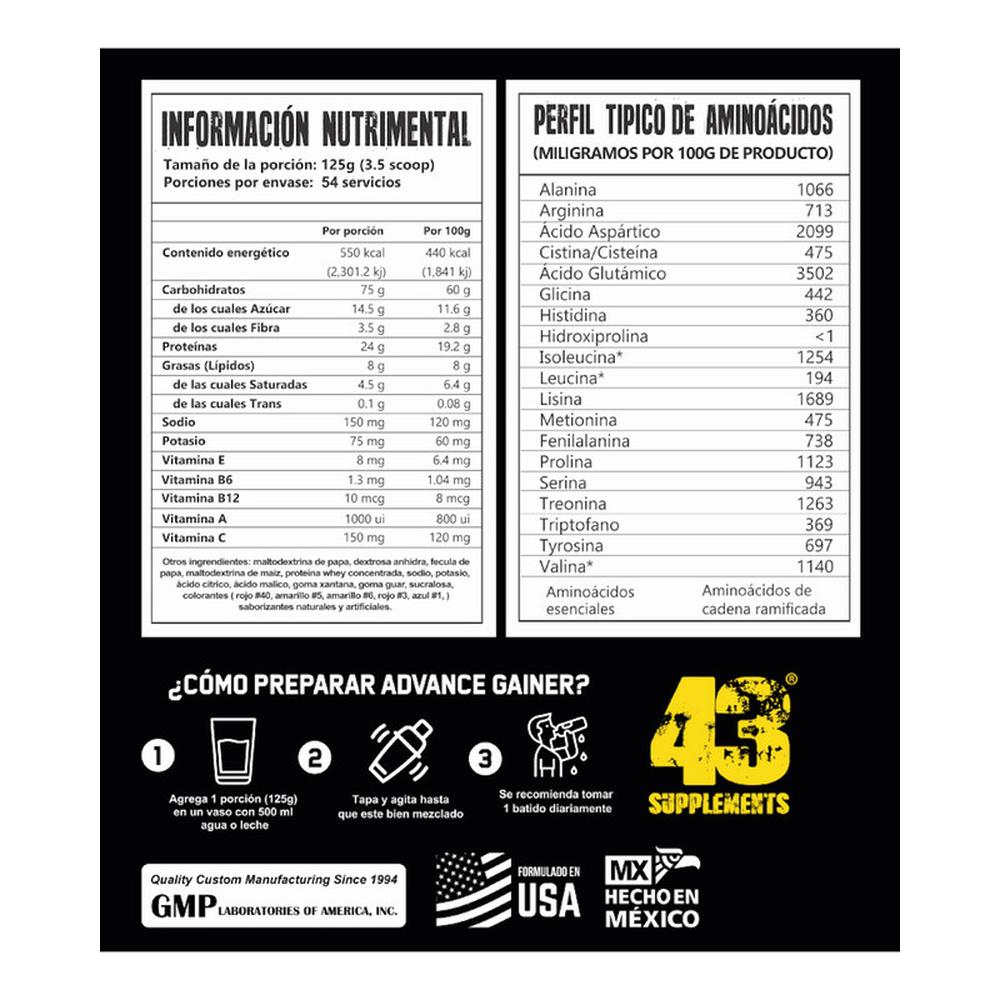 Foto 5 pulgar | Proteína 43 Supplements Advance Gainer Ganador de Masa 6.8 kg
