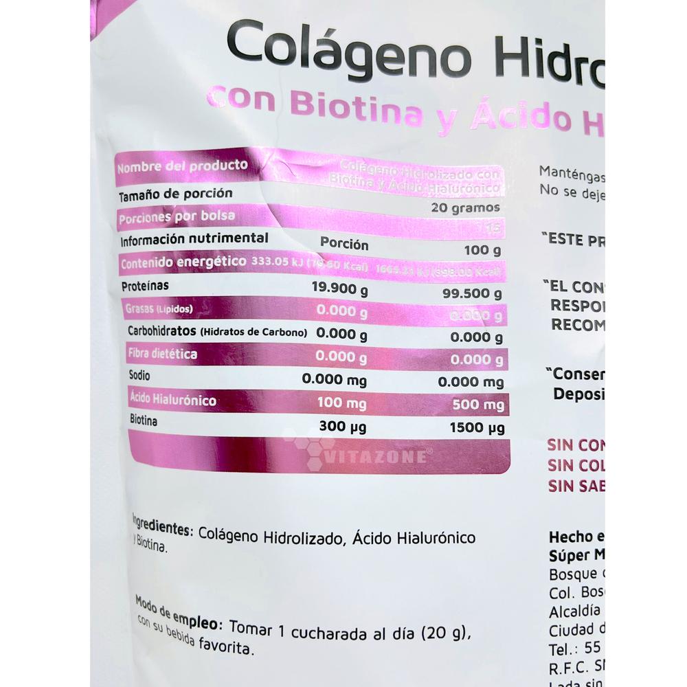 Foto 3 pulgar | Colágeno Vidanat Hidrolizado Puro Biotina Acido Hialurónico 300 Grs
