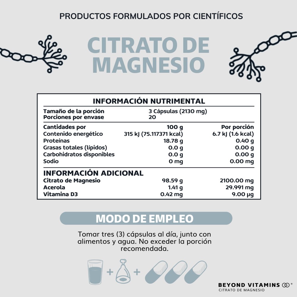 Foto 7 pulgar | Citrato De Magnesio 2100mg  - Magnesium Citrate 100% Puro - 60 Cápsulas