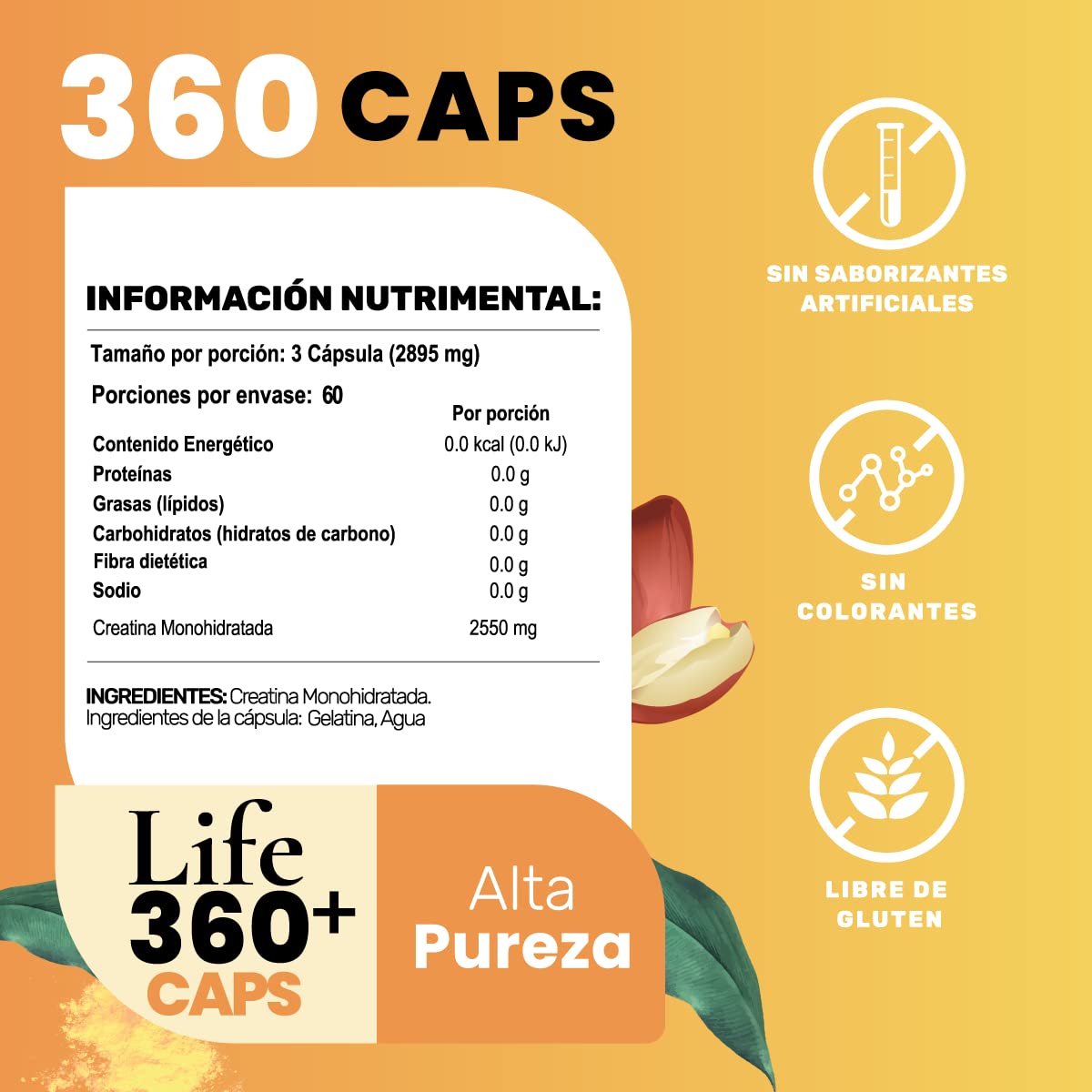 Foto 6 | Creatina Monohidratada Life 360+ Pure Creatine 180 Cápsulas