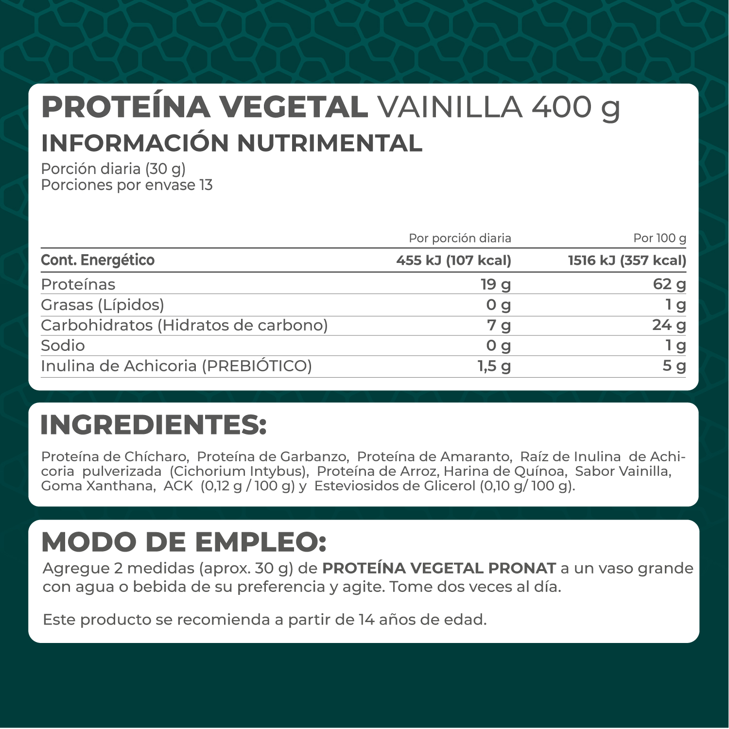 Foto 3 | Suplemento Proteína Vegetal Sabor Vainilla 400 Gr Pronat