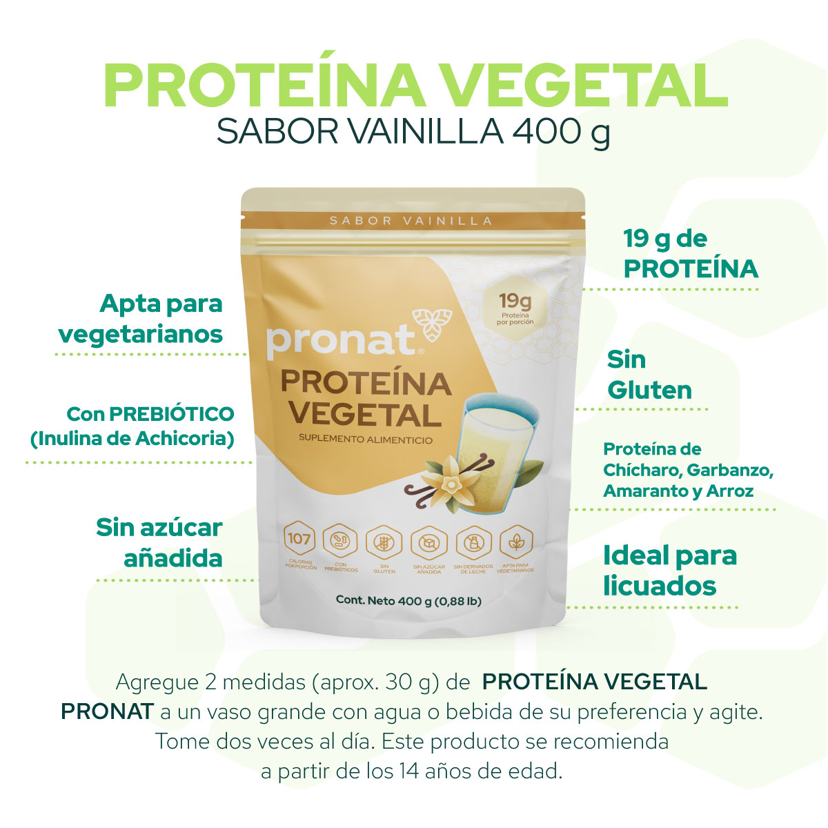Foto 5 pulgar | Suplemento Proteína Vegetal Sabor Vainilla 400 Gr Pronat