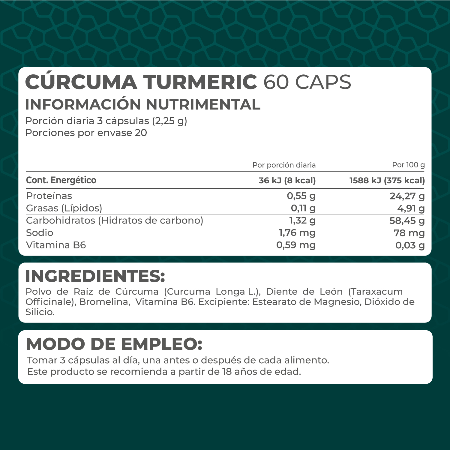 Foto 5 pulgar | Suplemento Curcuma Turmeric Pronat 60 Caps