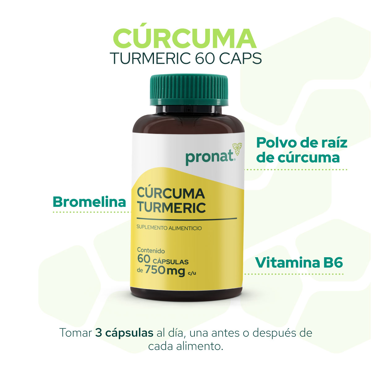 Foto 6 pulgar | Suplemento Curcuma Turmeric Pronat 60 Caps