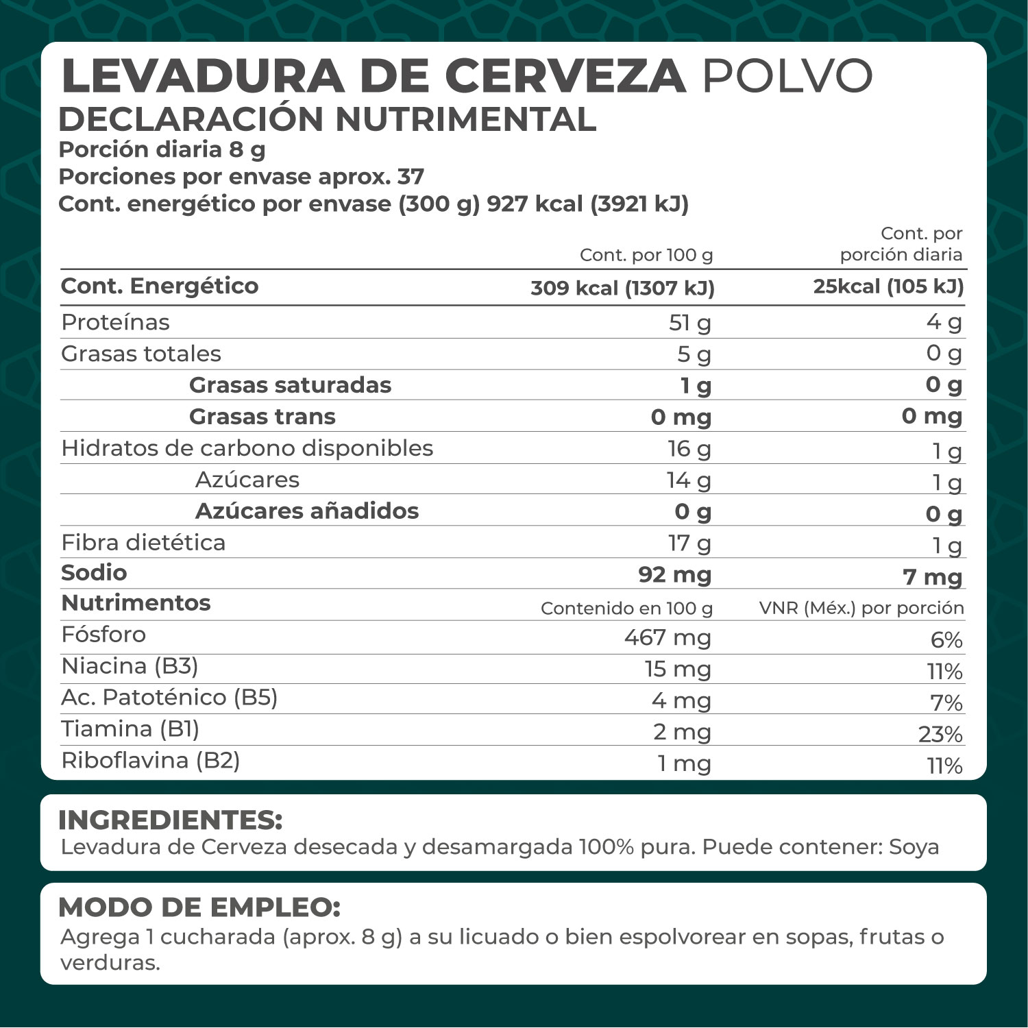 Foto 4 pulgar | Suplemento Alimenticio de Levadura De Cerveza Pronat en Polvo 300 Gr