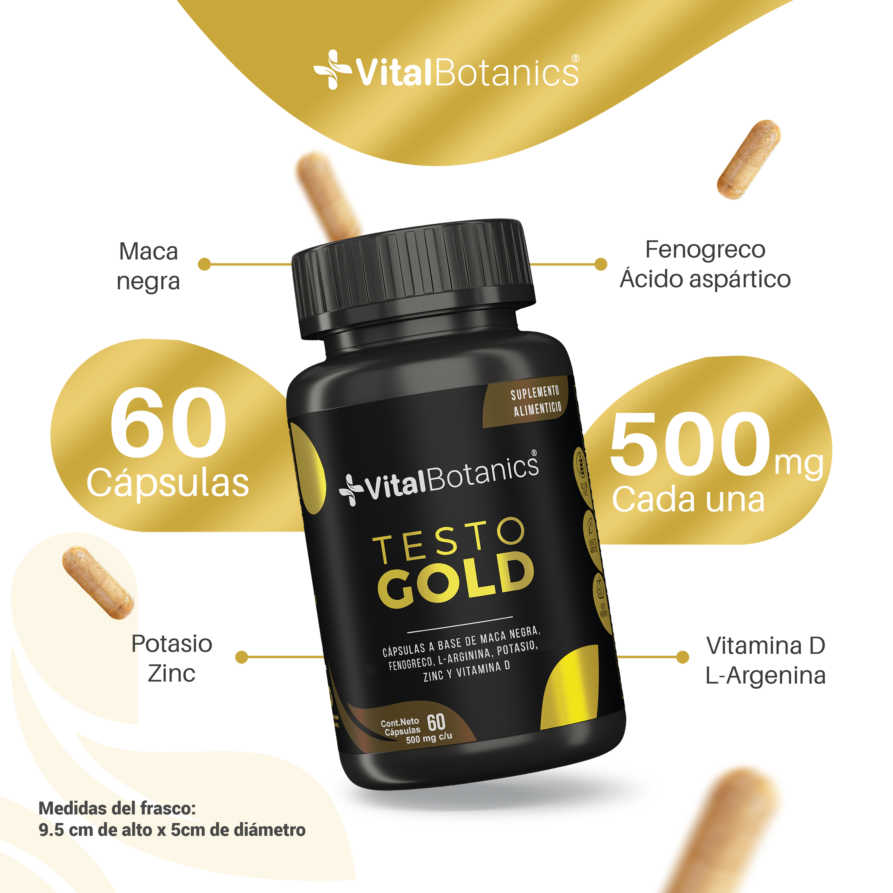 Foto 3 pulgar | Suplemento Alimenticio Vitalbotanics Testo Gold 60 Cápsulas