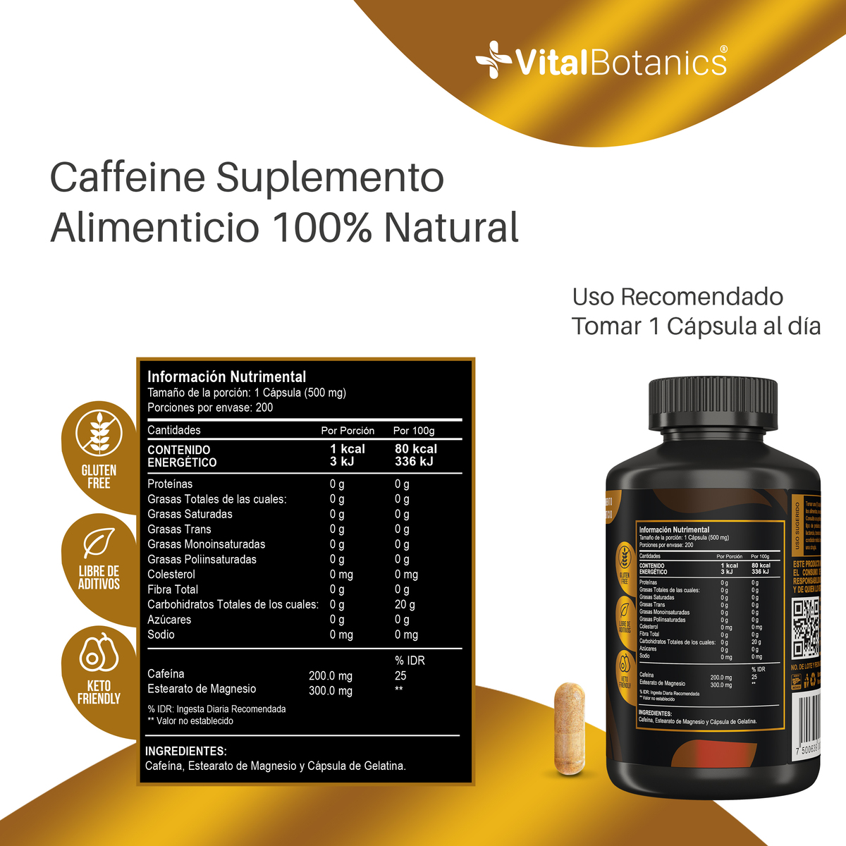 Foto 7 | Suplemento AlimenticioVITALBOTANICS a Base de Cafeina 200 Cápsulas