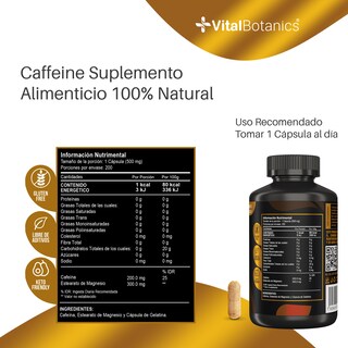 Foto 7 | Suplemento AlimenticioVITALBOTANICS a Base de Cafeina 200 Cápsulas