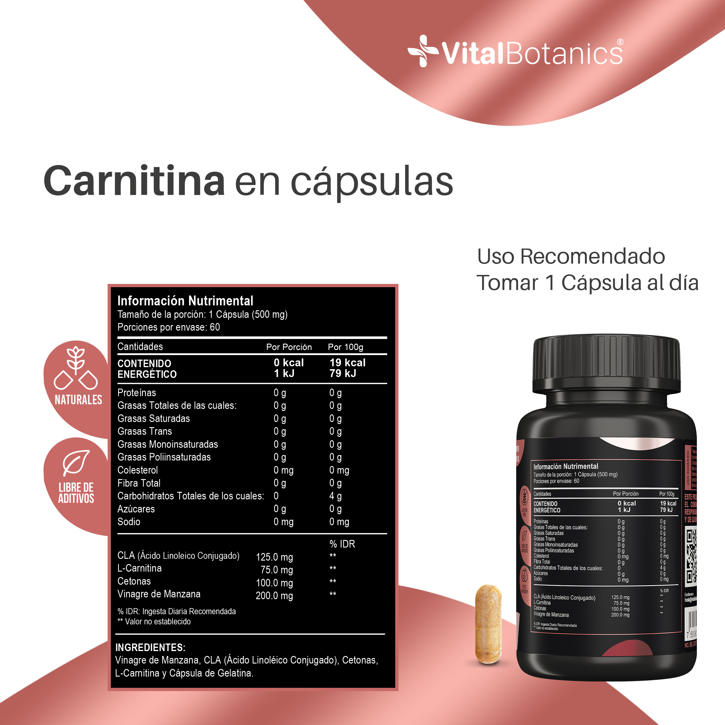 Foto 7 pulgar | Cla + L-carnitina + Cetonas + Vinagre De Manzana Con 60 Caps