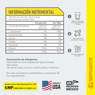 Foto 3 | Glutamina en Polvo Sin Sabor 1 Kg 43 Supplements