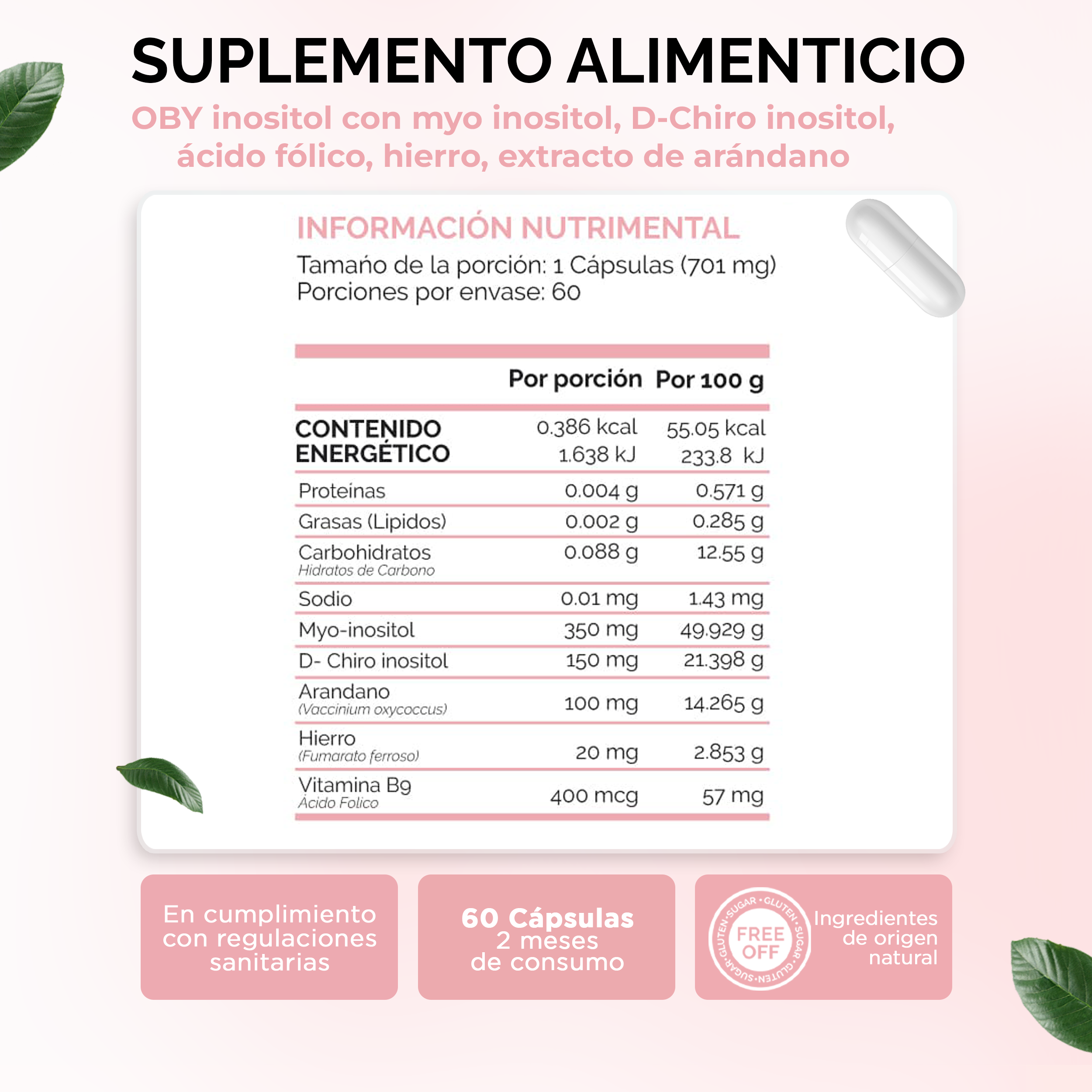 Foto 5 | Suplemento Alimenticio OBY Inositol Puro Myo Inositol y D-chiro 60 Cápsulas para 60 días.