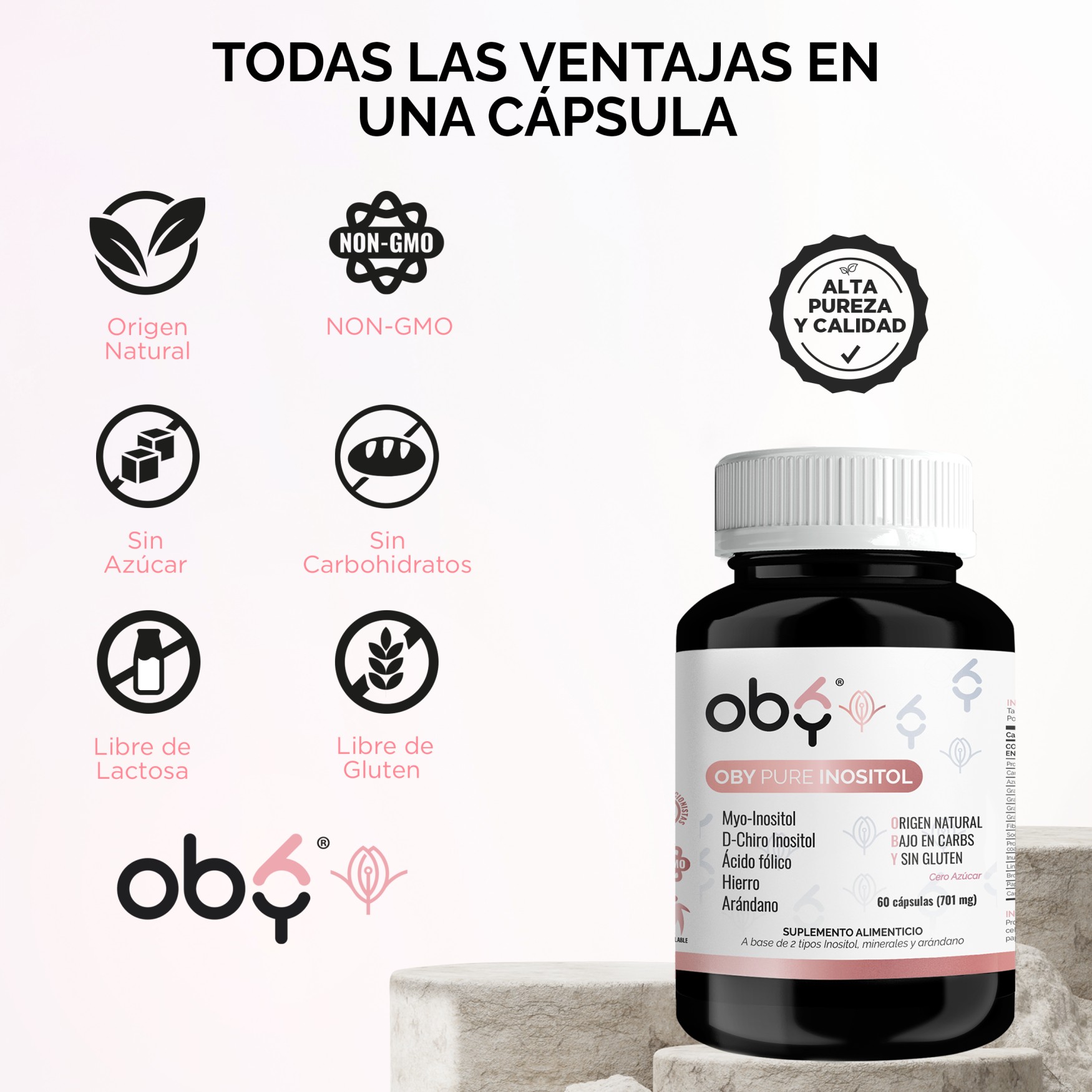 Foto 6 | Suplemento Alimenticio OBY Inositol Puro Myo Inositol y D-chiro 60 Cápsulas para 60 días.