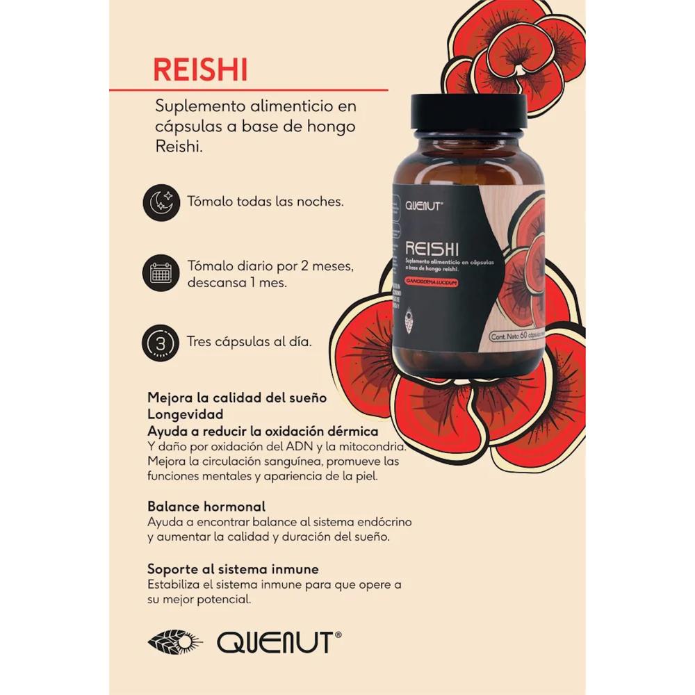 Foto 4 pulgar | Hongo Reishi 60 Cápsulas Veganas Quenut