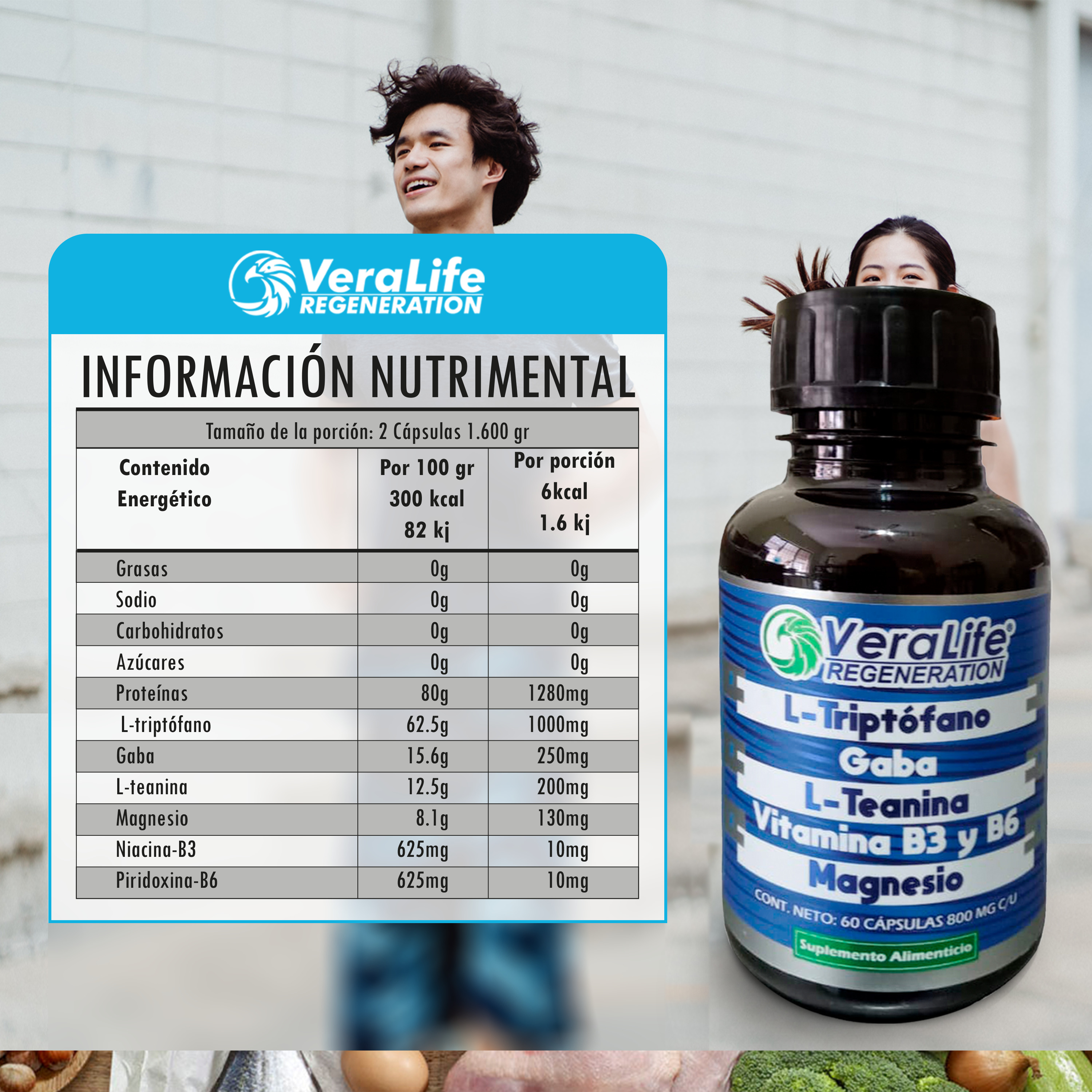 Foto 4 pulgar | Multivitaminico Con L-triptofano - 60 Caps  800mg - Veralife