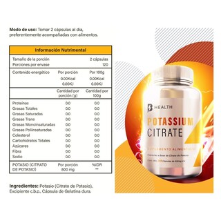Foto 8 | Suplemento Alimenticio Citrato de Potasio B Health B Natural 100% Natural sin Azúcar 240 Cápsulas Frasco Blanco