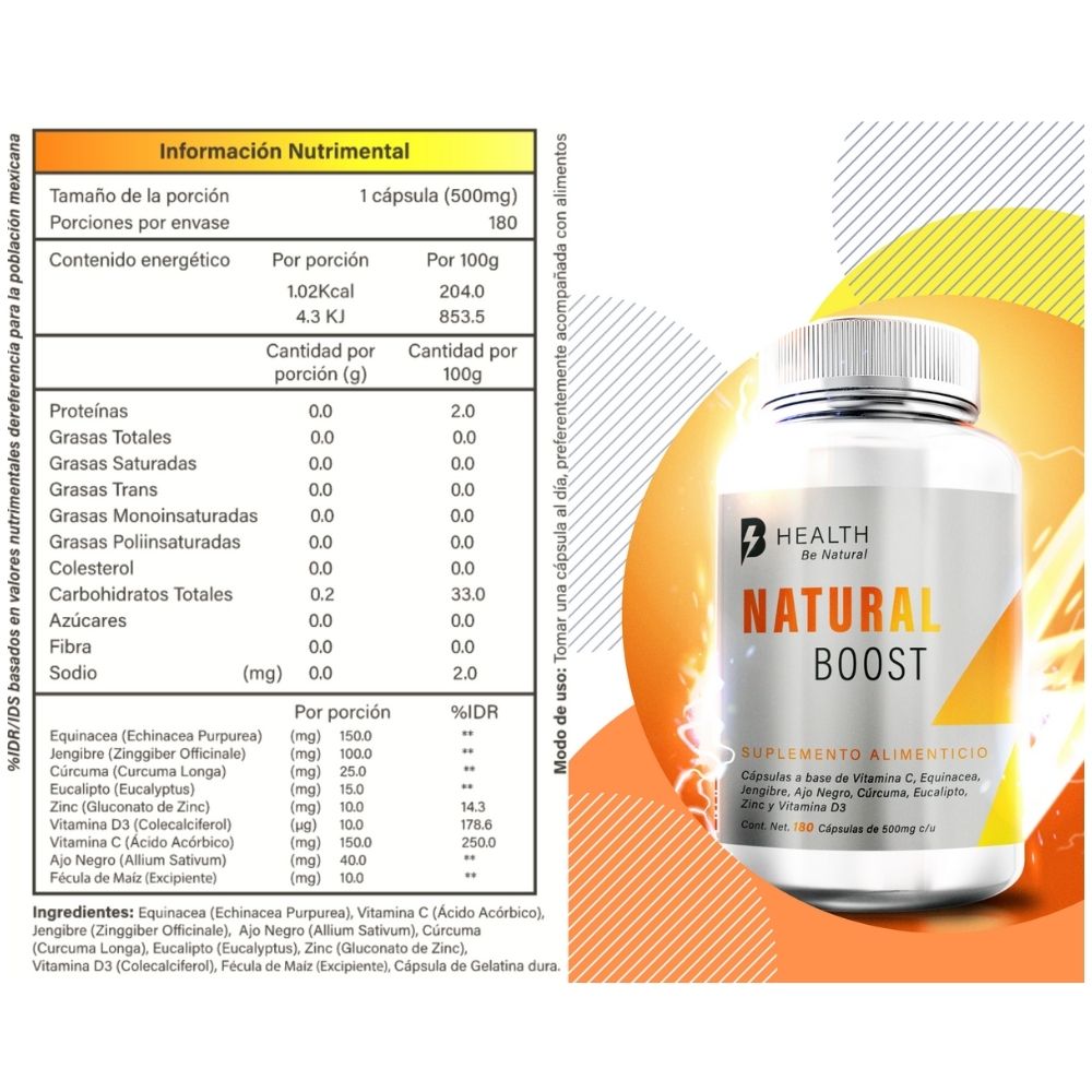 Foto 9 pulgar | Natural Boost Health B Natural VitaminaC, D3, jengibre, cúrcuma, ajo negro, zinc 180 Cápsulas Frasco Blanco