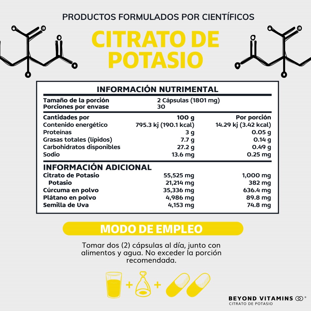 Foto 6 pulgar | Suplemento Alimenticio Beyond Vitamins Citrato De Potasio 1000mg | Platano En Polvo, Curcuma Y Semilla De Uva 60 Cápsu