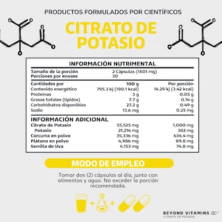 Foto 5 | Suplemento Alimenticio Beyond Vitamins Citrato De Potasio 1000mg | Platano En Polvo, Curcuma Y Semilla De Uva 60 Cápsu
