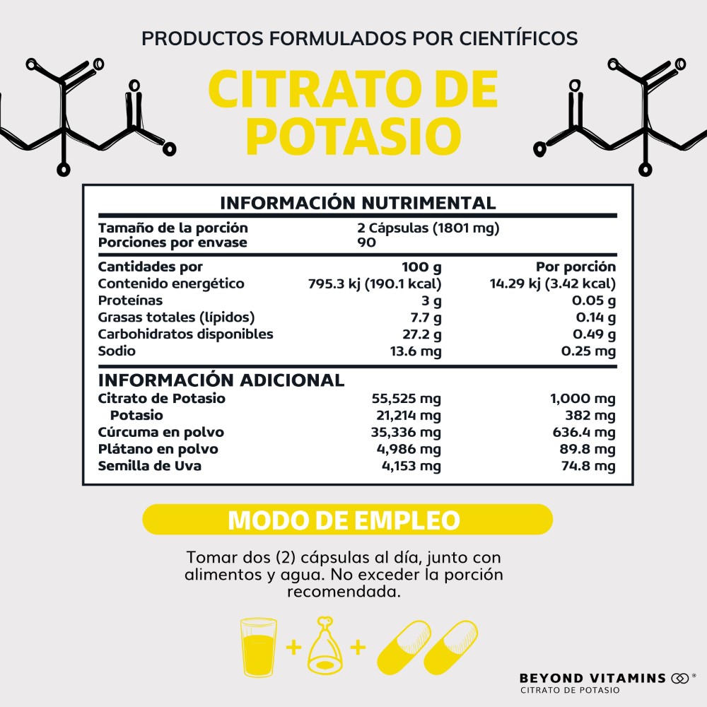 Foto 5 pulgar | Suplemento Alimenticio Beyond Vitamins Citrato De Potasio 1000mg | Platano En Polvo, Curcuma Y Semilla De Uva 180 Cáp