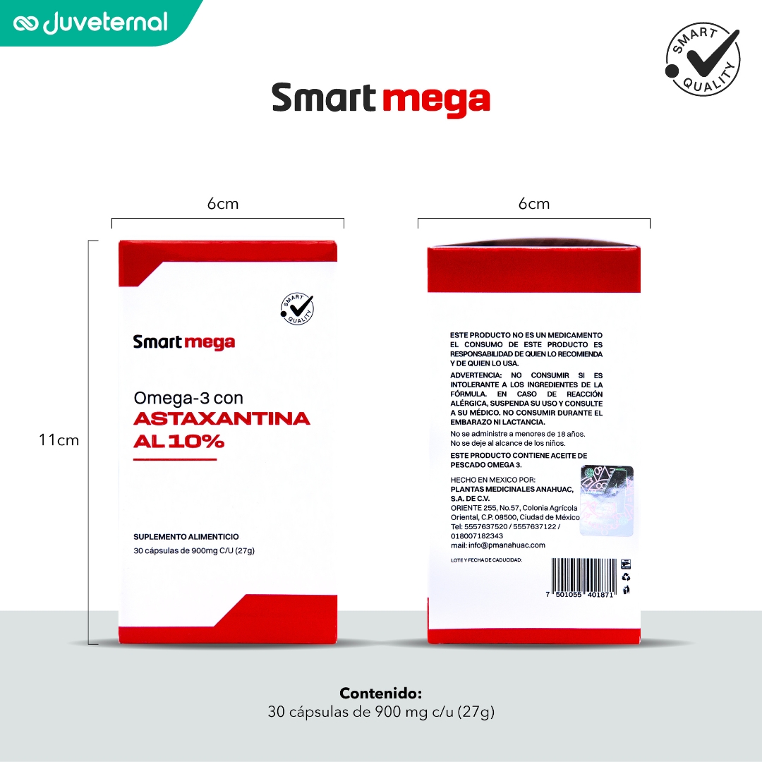 Foto 8 pulgar | Suplemento Alimenticio Smart Mega OMEGA 3 con Astaxantina 10% 30 cápsulas Salud Cardiovascular y Protección Celular