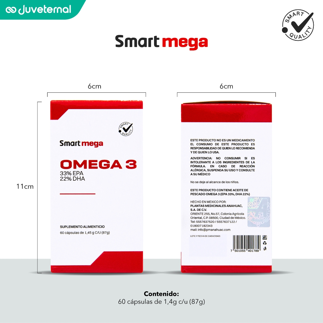 Foto 8 pulgar | Suplemento Alimenticio Smart Mega OMEGA 3 con 33% EPA y 22% DHA 30 cápsulas Salud Cardiovascular y Cerebral