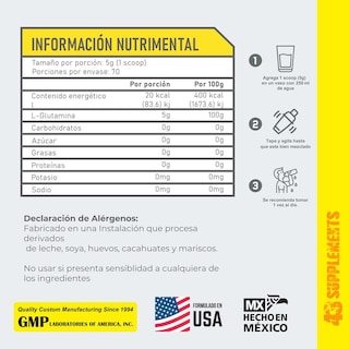 Foto 3 | Glutamina En Polvo Sin Sabor 350 G 43 Supplements