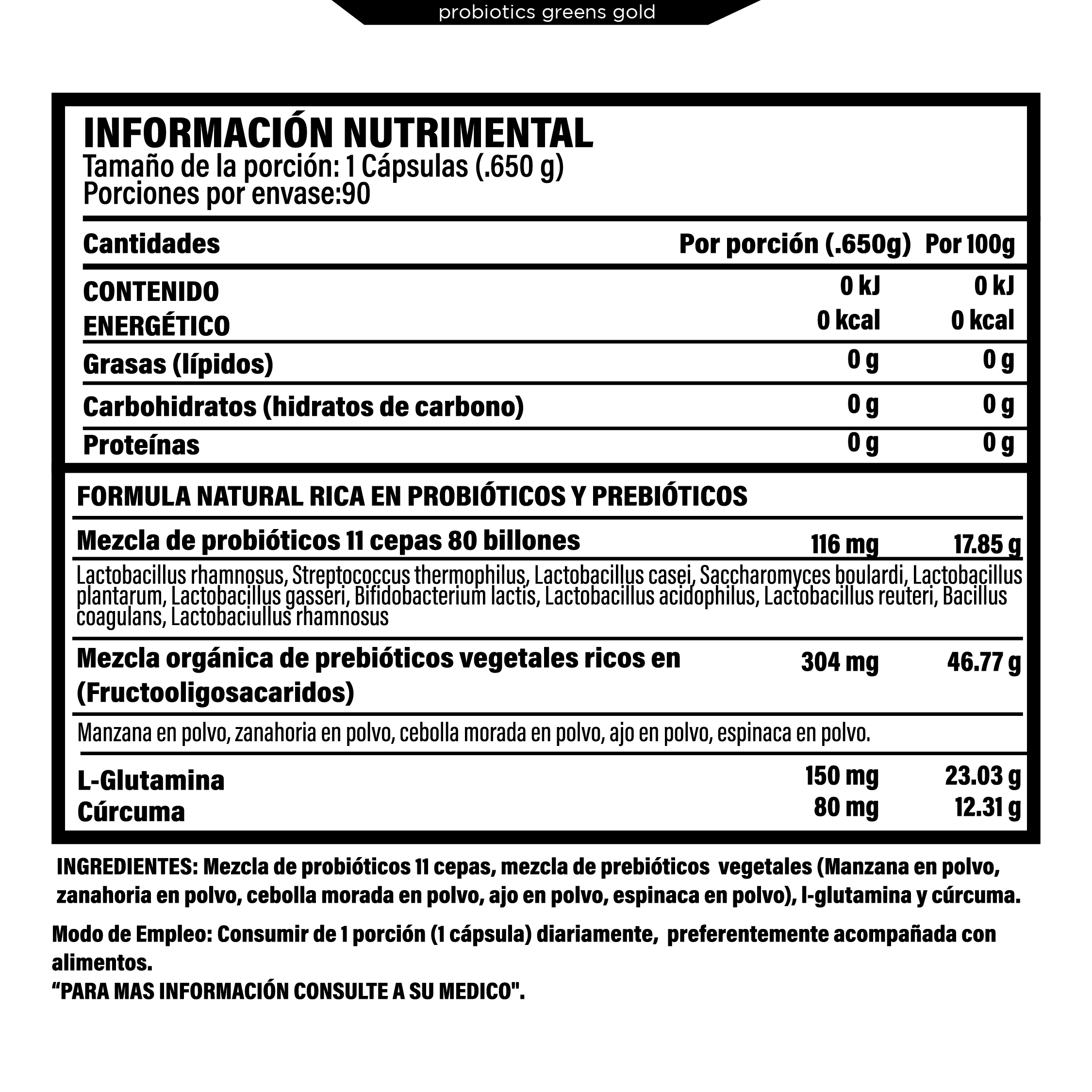 Foto 3 pulgar | Probioticsgreens 90 Cápsulas.