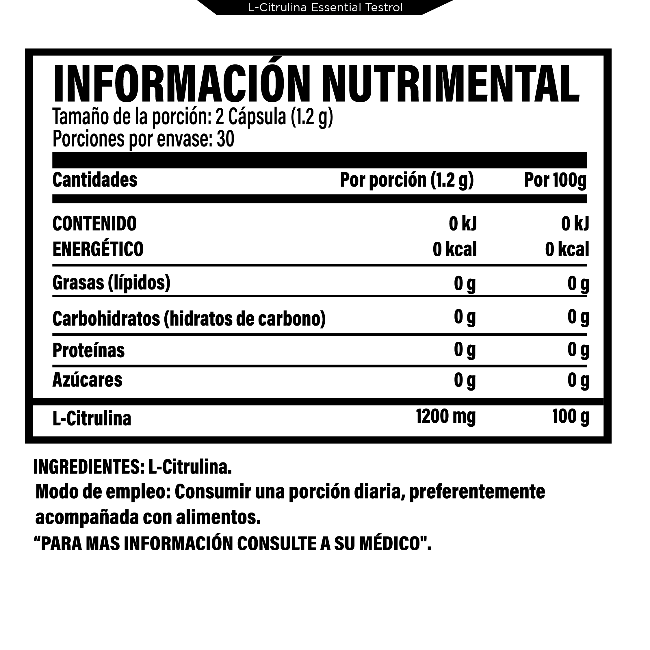 Foto 3 pulgar | L-citrulina 1200 Mg | Testrol Essential | 60 Capsulas