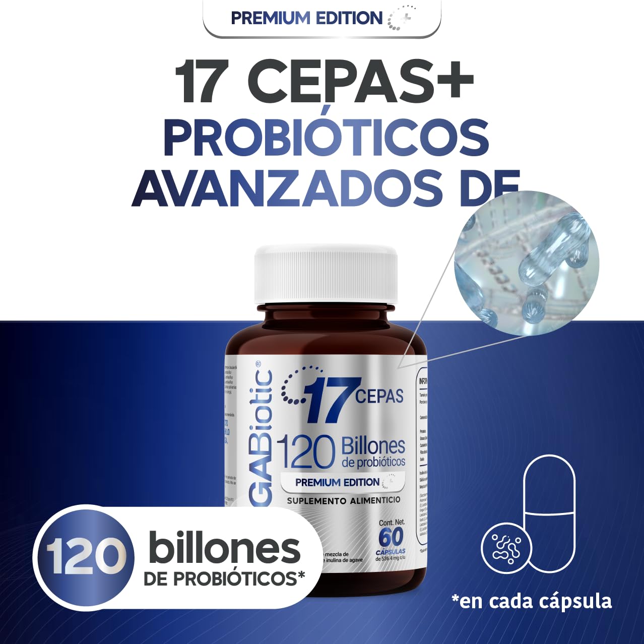Foto 3 pulgar | Suplemento Alimenticio 120 Billones Probioticos Y Prebiotico 17 Cepas Premium 60 Capsulas