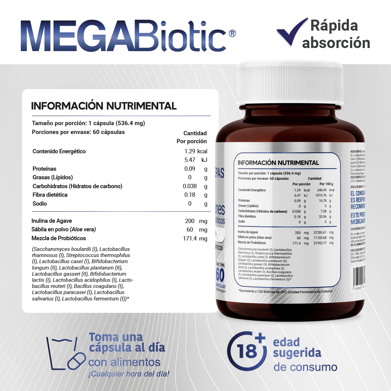 Foto 6 pulgar | Suplemento Alimenticio 120 Billones Probioticos Y Prebiotico 17 Cepas Premium 60 Capsulas