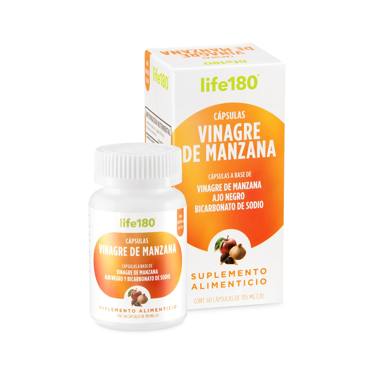 Cápsulas de Vinagre de Manzana con Ajo Negro Y Bicarbonato 60 Cápsulas Life180