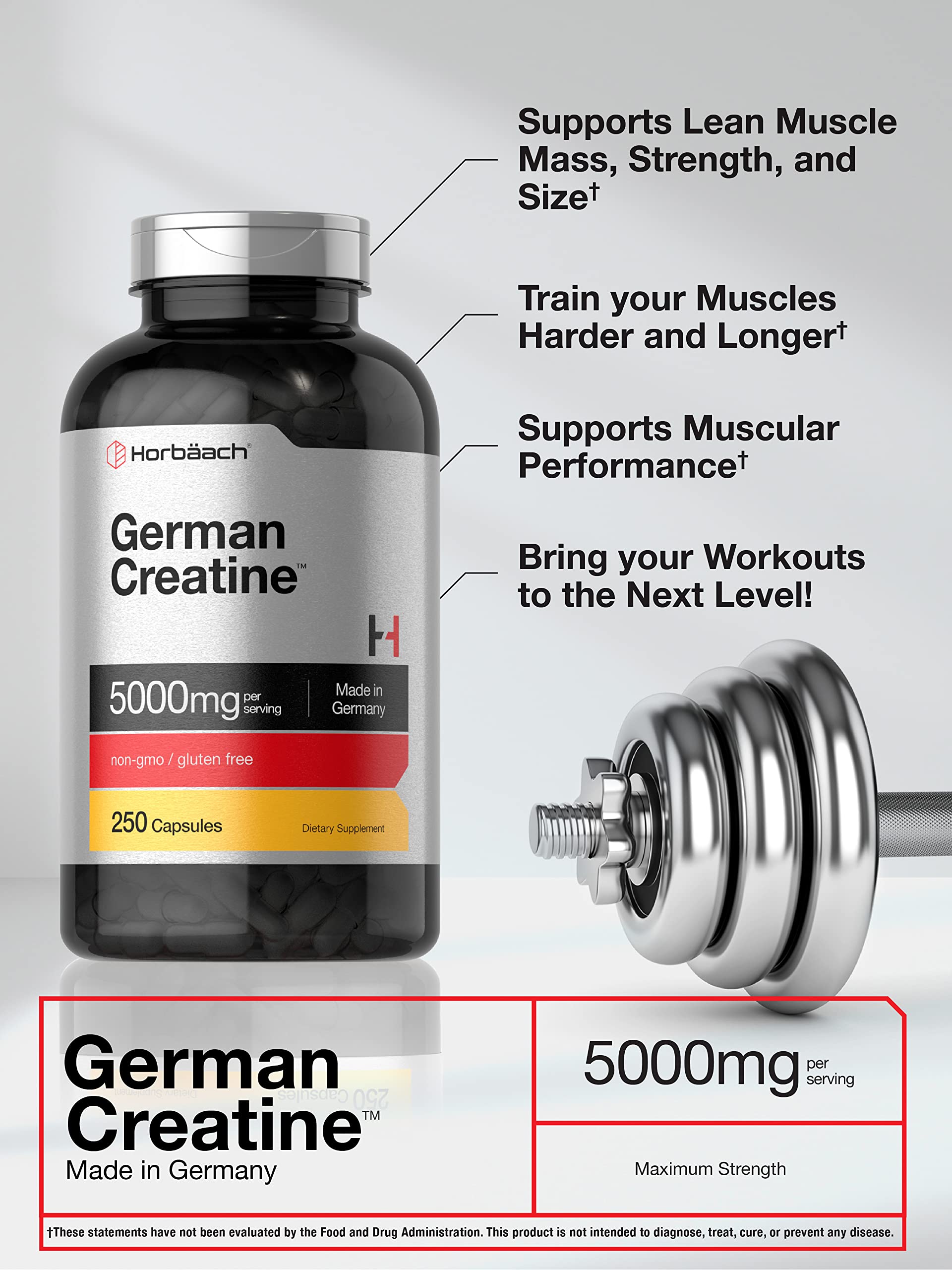 Foto 4 pulgar | Suplemento Horbäach De Monohidrato De Creatina Alemana 5000 Mg 250 Cápsulas - Venta Internacional.