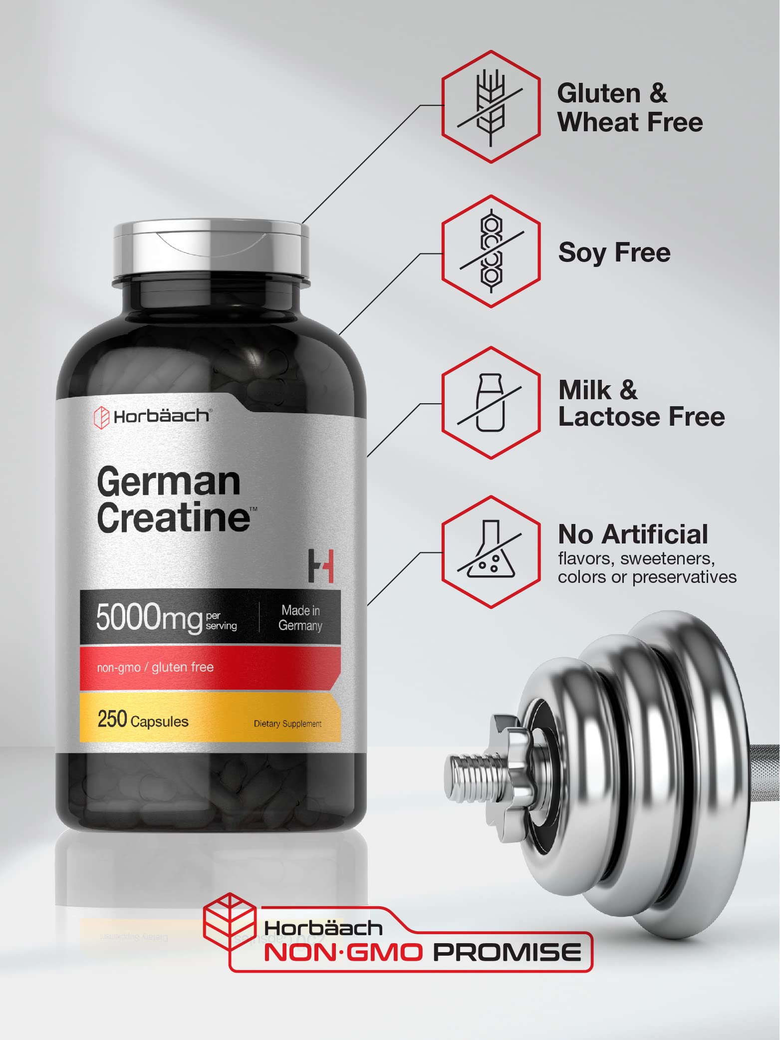 Foto 5 pulgar | Suplemento Horbäach De Monohidrato De Creatina Alemana 5000 Mg 250 Cápsulas - Venta Internacional.