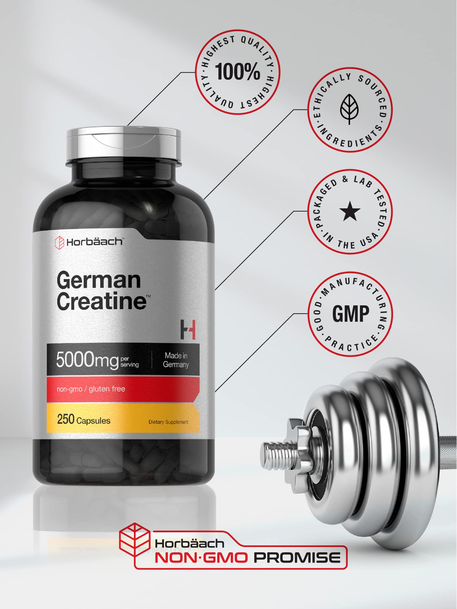 Foto 6 pulgar | Suplemento Horbäach De Monohidrato De Creatina Alemana 5000 Mg 250 Cápsulas - Venta Internacional.