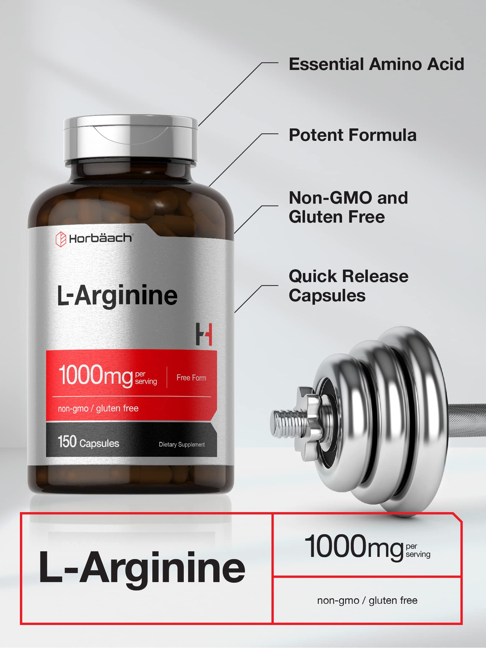 Foto 4 pulgar | Suplemento Horbäach L Arginina, 1000 Mg, Cápsulas, 150 Píldoras - Venta Internacional.