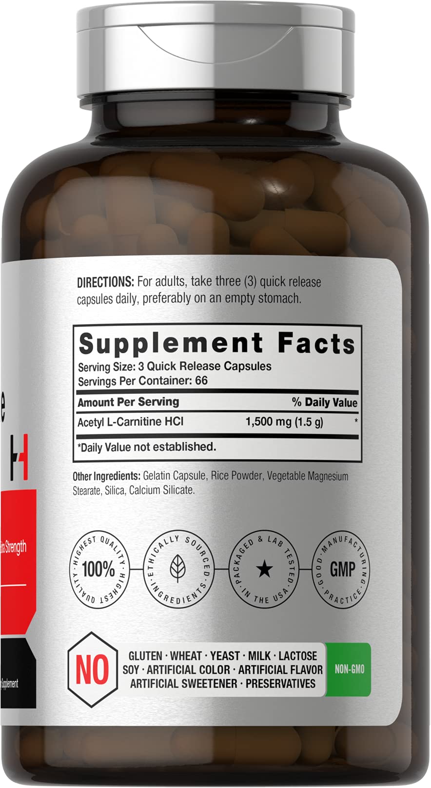 Foto 3 pulgar | Suplemento Horbäach Acetil L-carnitina 1500 Mg 200 Cápsulas - Venta Internacional.
