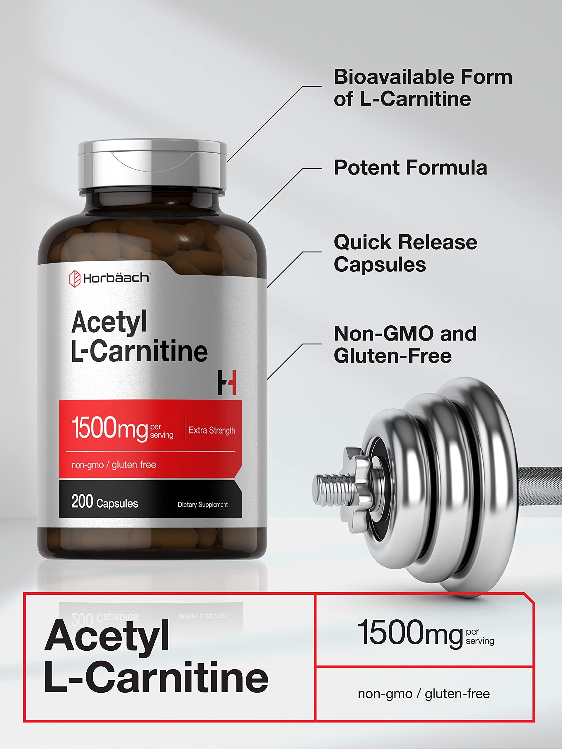 Foto 4 pulgar | Suplemento Horbäach Acetil L-carnitina 1500 Mg 200 Cápsulas - Venta Internacional.
