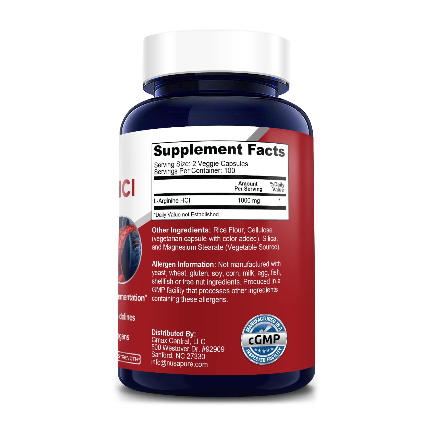 Foto 3 pulgar | Suplemento Nusapure L-arginina 1000 Mg 200 Cápsulas Vegetarianas - Venta Internacional.
