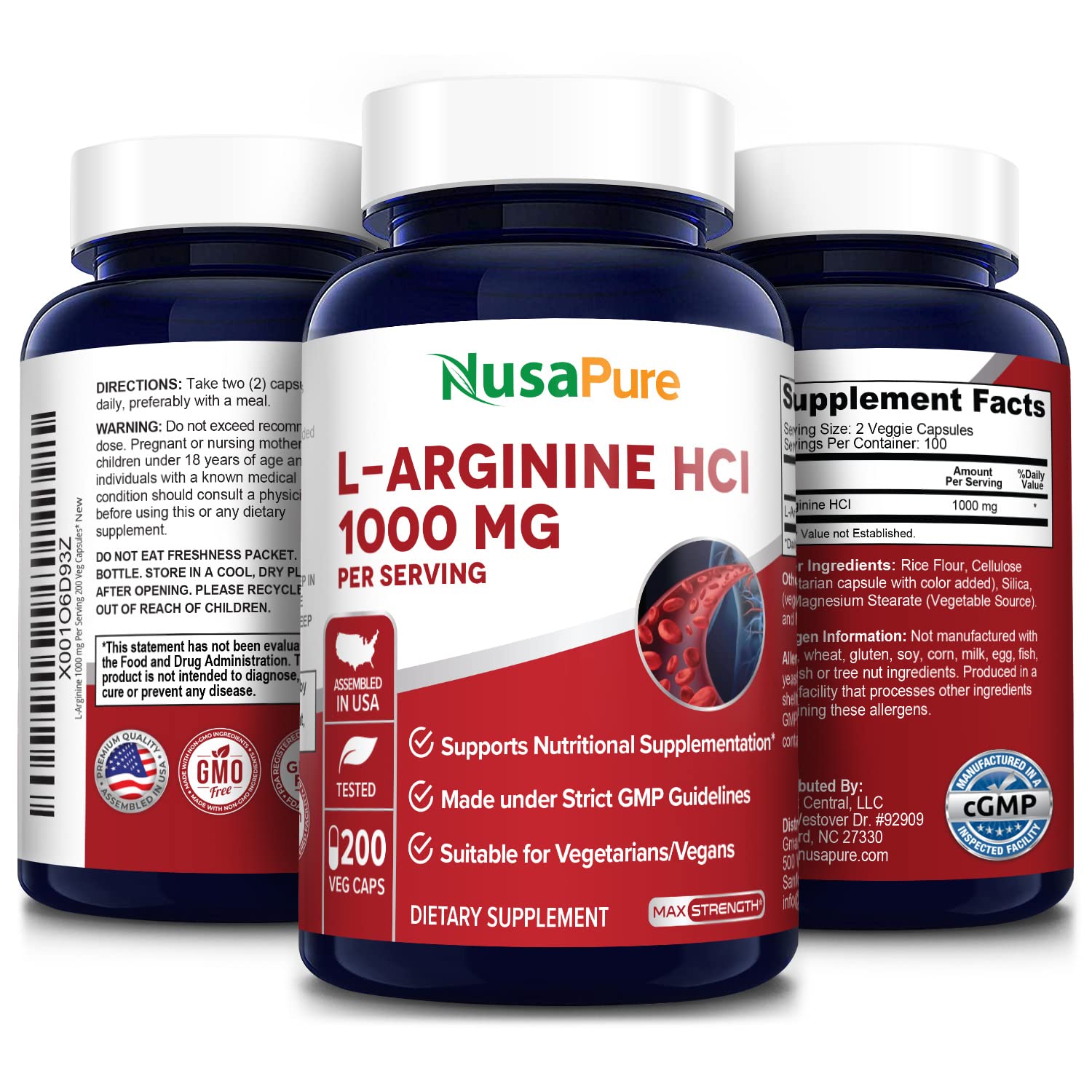 Foto 5 pulgar | Suplemento Nusapure L-arginina 1000 Mg 200 Cápsulas Vegetarianas - Venta Internacional.
