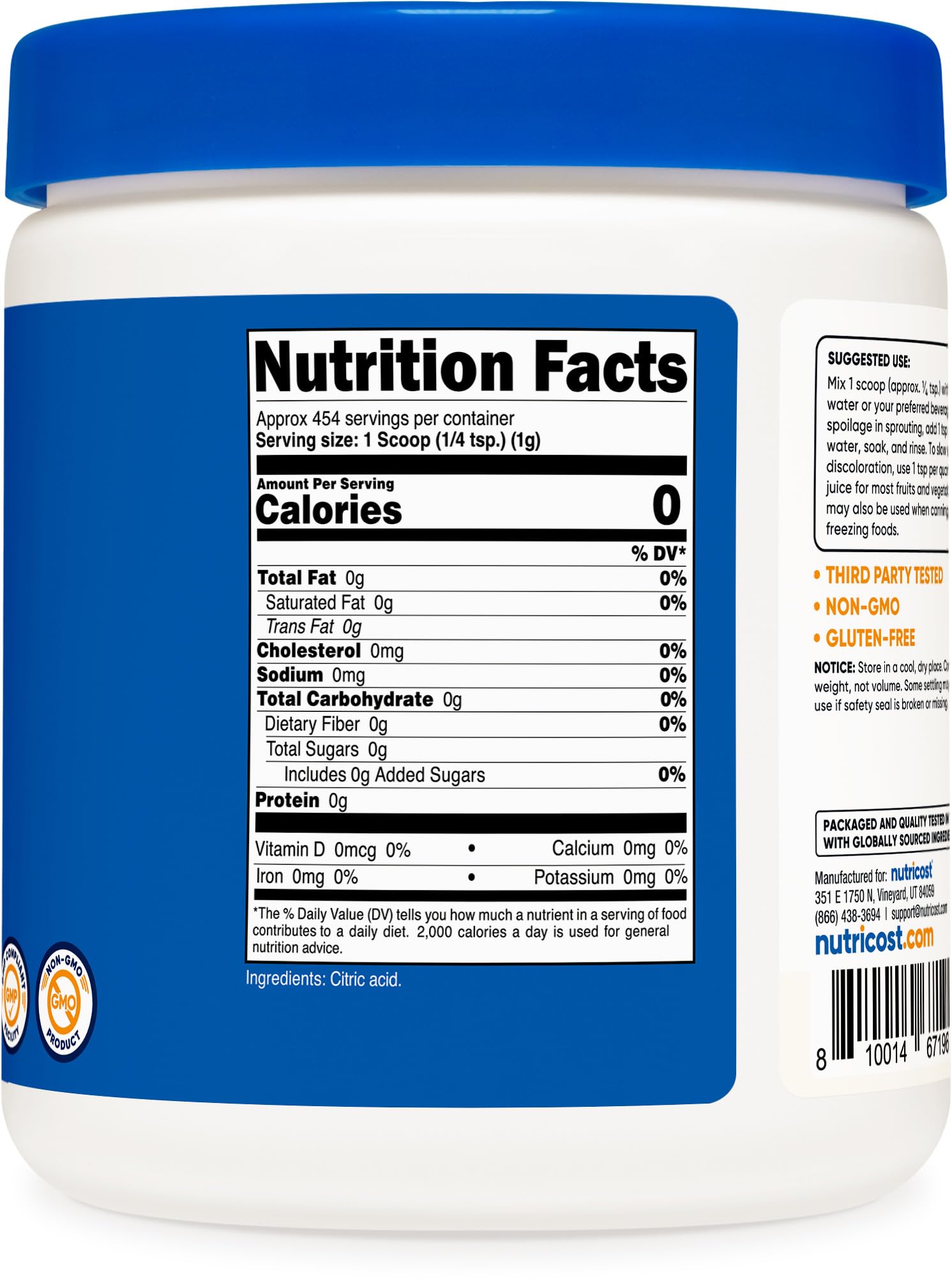 Foto 5 | Ácido Cítrico En Polvo Nutricost 454 G, 1 G/porción Sin Ogm - Venta Internacional.