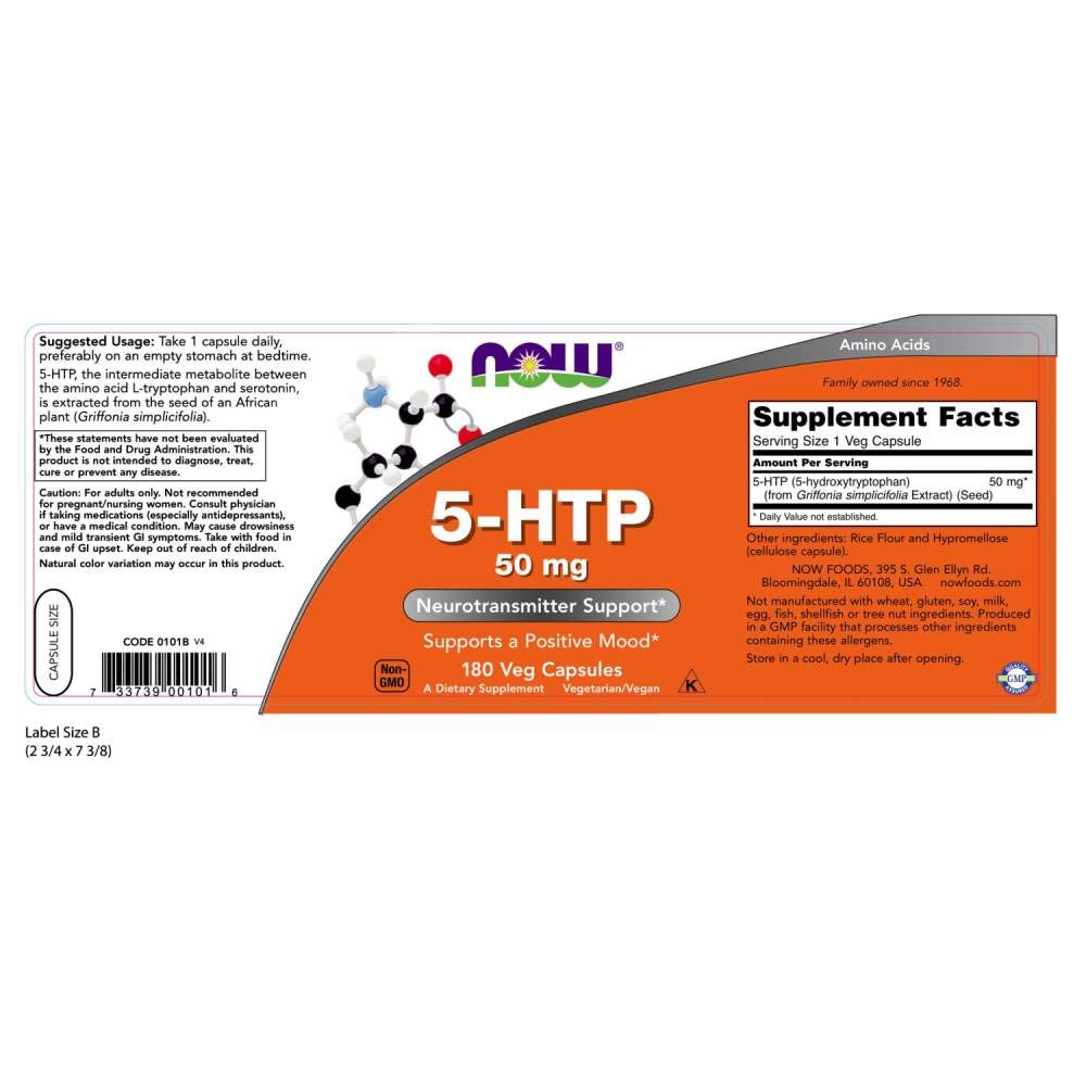 Foto 3 pulgar | Supplement Now 5-htp (5-hidroxitriptófano) 50 Mg 180 Cápsulas Vegetales - Venta Internacional.