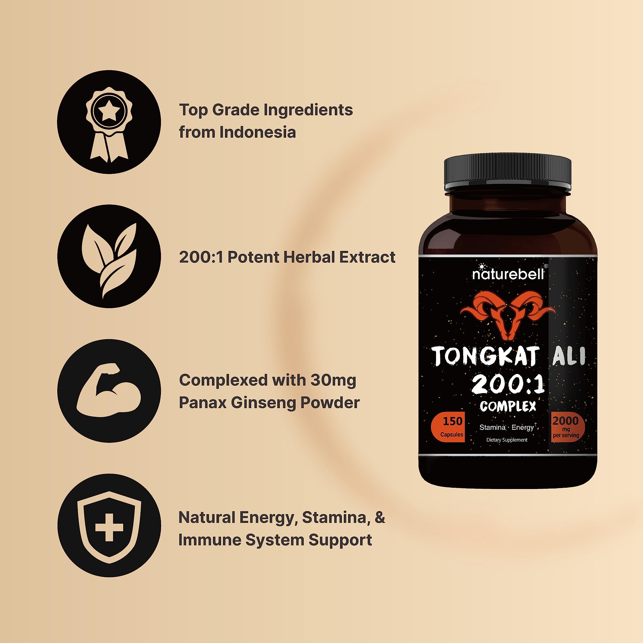 Foto 4 | Suplemento Naturebell Tongkat Ali 200:1 Extracto 2000 Mg 150 Cápsulas - Venta Internacional.